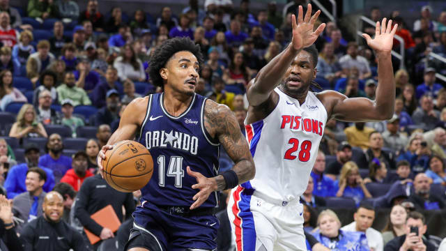 Orlando Magic guard Gary Harris (14) looks to pass against Detroit Pistons center Isaiah Stewart (28) during the first quarter at Amway Center.